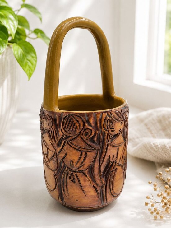Italy Other - Vintage Handmade Italian Ceramic Basket Vase With Intricate Relief Design & Hand